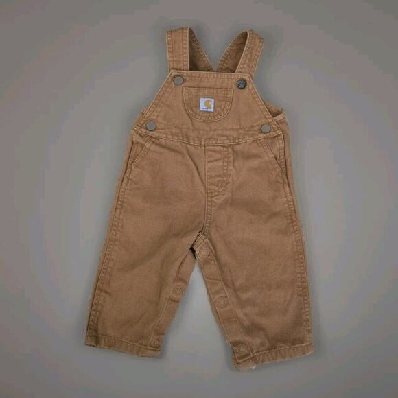 Carhartt Bibs Snow Fishing Hunting Canvas‎ Toddler 9M Brown Overalls Snap Crotch - Picture 1 of 4